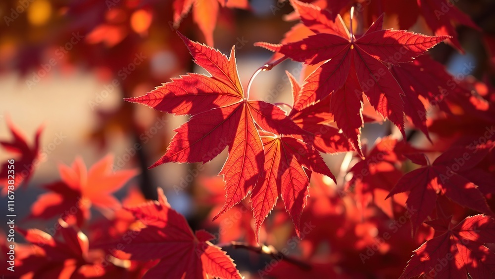 Vibrant Red Maple Leaves Illuminated By Sunlight Vibrant Red Maple Leaves Illuminated By Sunlight