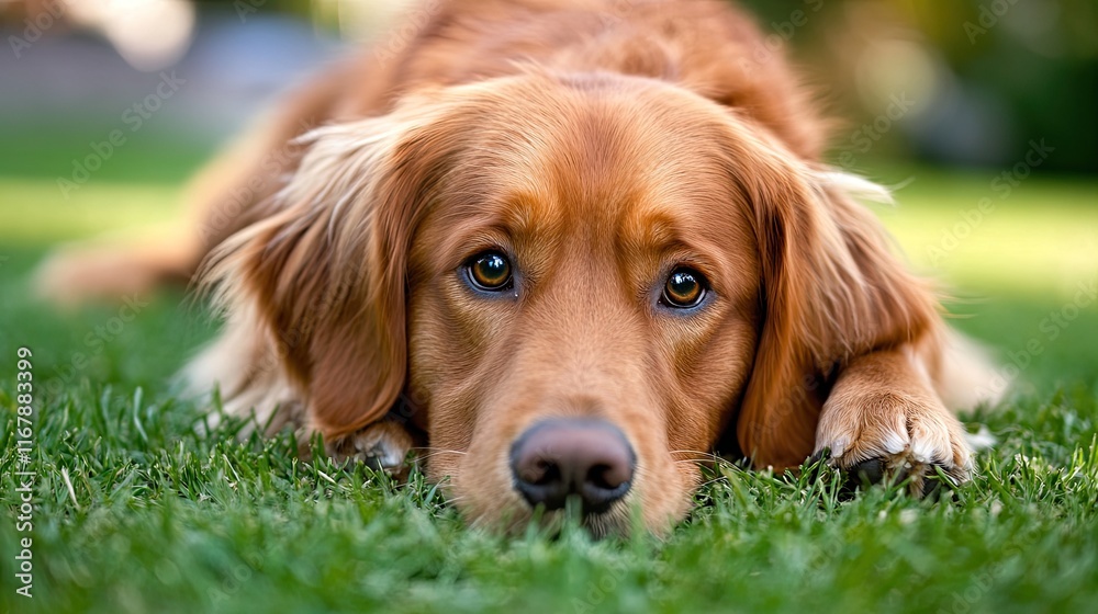 Golden Retriever resting on green grass, park background, pet portrait for websites. Golden Retriever resting on green grass, park background, pet portrait for websites.