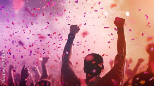 Triumphant Joy: Players Celebrating Victory with Confetti Splash and Vibrant Colors