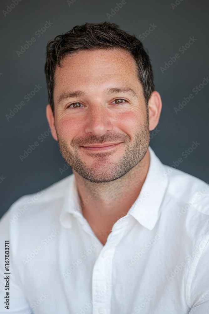 Obraz premium Smiling man, light-colored shirt, dark background.
