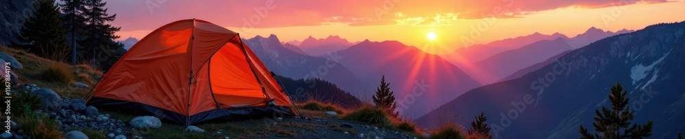 A tent in the background with a sunrise and mountains in the foreground, outdoors, camping A tent in the background with a sunrise and mountains in the foreground, outdoors, camping