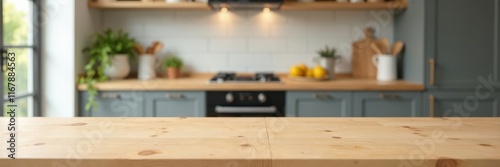 Empty light wood table, blurred modern kitchen background, clean, bright kitchen, blurry background