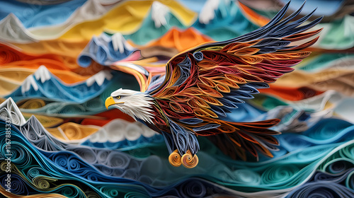 Stunning quilled paper art of an eagle soaring over mountains with vibrant colors and intricate details. Quillwork. Illustration photo