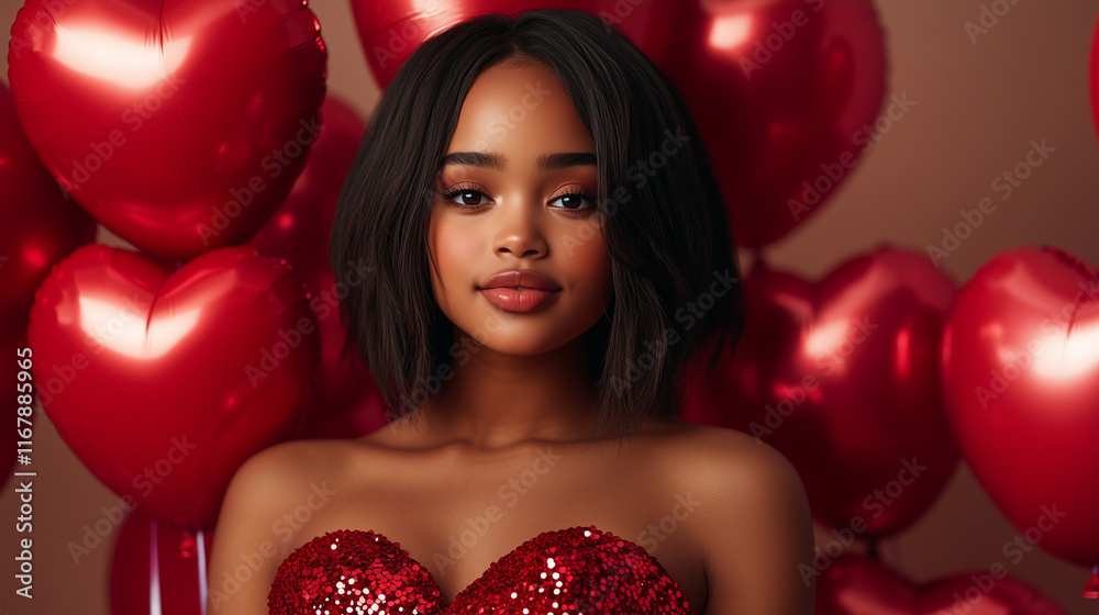 young woman with glamorous look, wearing sparkling red dress, surrounded by heart shaped balloons, exuding joy and celebration. young woman with glamorous look, wearing sparkling red dress, surrounded by heart shaped balloons, exuding joy and celebration.