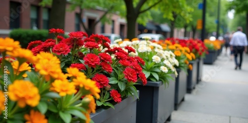 Wallpaper Mural Vibrant blooms surround a row of planter boxes at a public garden in the heart of New York City's downtown area, city park, nyc, colorful blooms Torontodigital.ca