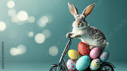 Playful rabbit on scooter with colorful easter eggs against a sparkling background, celebrating the joy of easter with whimsy and fun