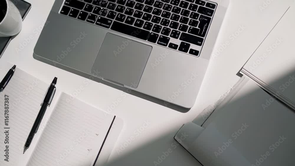 minimalist workspace featuring a laptop, a notebook, a cup of coffee, pens, and a small plant on a white desk, illuminated by natural light