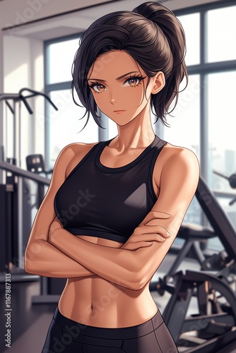 Female beautiful hot fitness anime model in workout at the gym