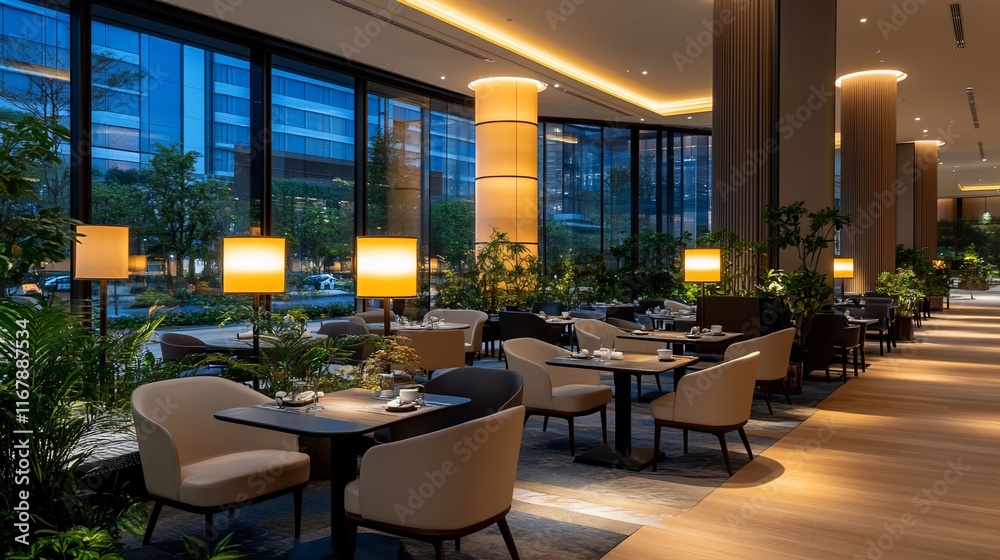 Obraz premium Modern restaurant interior, city view, evening ambiance, upscale dining