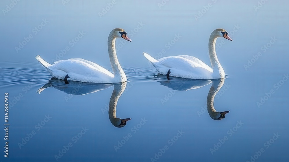Fototapeta premium Two Elegant Swans Gracefully Swim on Calm Blue Water