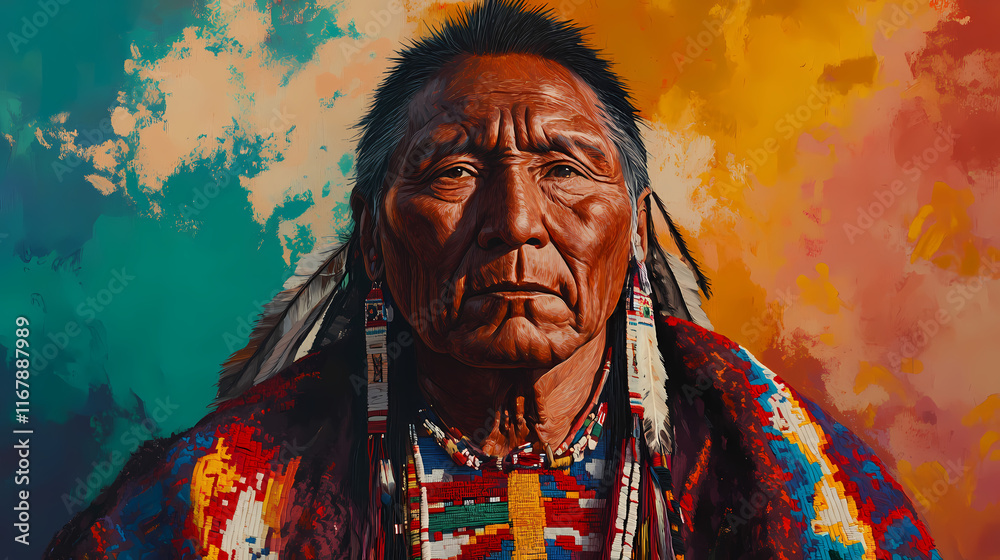 Fototapeta premium Portrait of a native american man wearing a colorful traditional blanket. Quillwork. Illustration