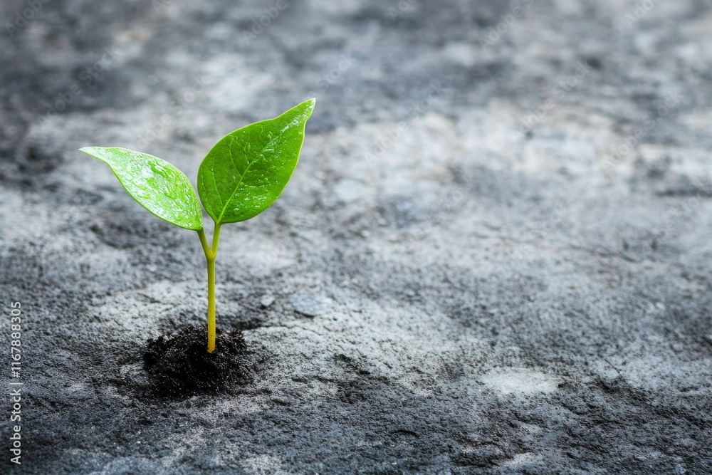 Naklejka premium Green sprout emerges from dark, textured ground.