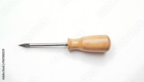 Close-up of a wooden-handled awl on a white background. The awl is a small, pointed tool used for piercing holes in materials.