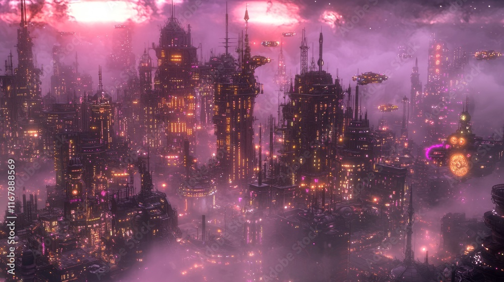 Obraz premium Futuristic Cyberpunk Metropolis Night Scene with Illuminated Skyscrapers and Flying Vehicles - 3D Render Illustration