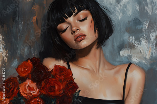 Young woman and red roses. Generative Ai.
