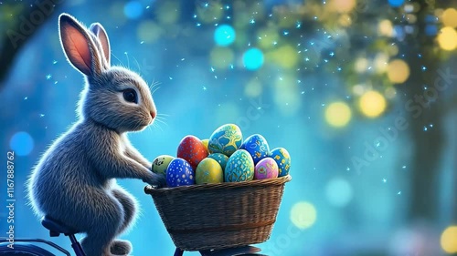 Adorable bunny on bicycle with woven basket of colorful easter eggs, surrounded by sparkling lights and foliage background, symbolizing spring and celebration of rebirth