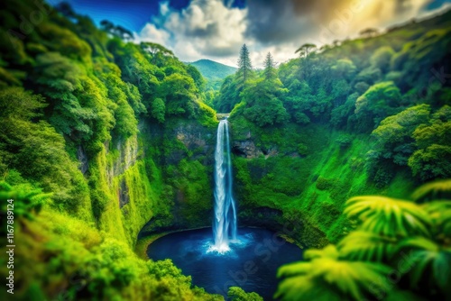 Akaka Falls' miniature world: tilt-shift artistry captures lush rainforest, dramatic cliffs, and cascading water. photo