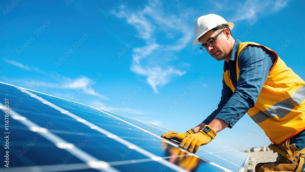 Technician Inspecting Solar Panel Array Under Blue Sky Technician Inspecting Solar Panel Array Under Blue Sky