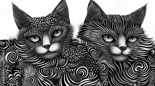 Illustration of perturbed cats in black and white quillwork. Quillwork. Illustration photo