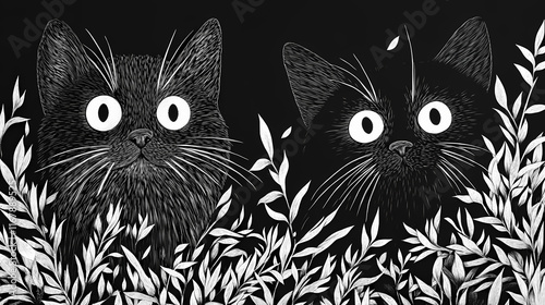 Illustration of startled cats in black and white quillwork. Quillwork. Illustration