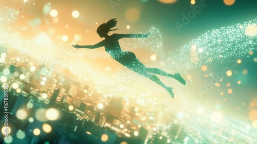 A silhouette of a person flying through a digital landscape filled with glowing particles.