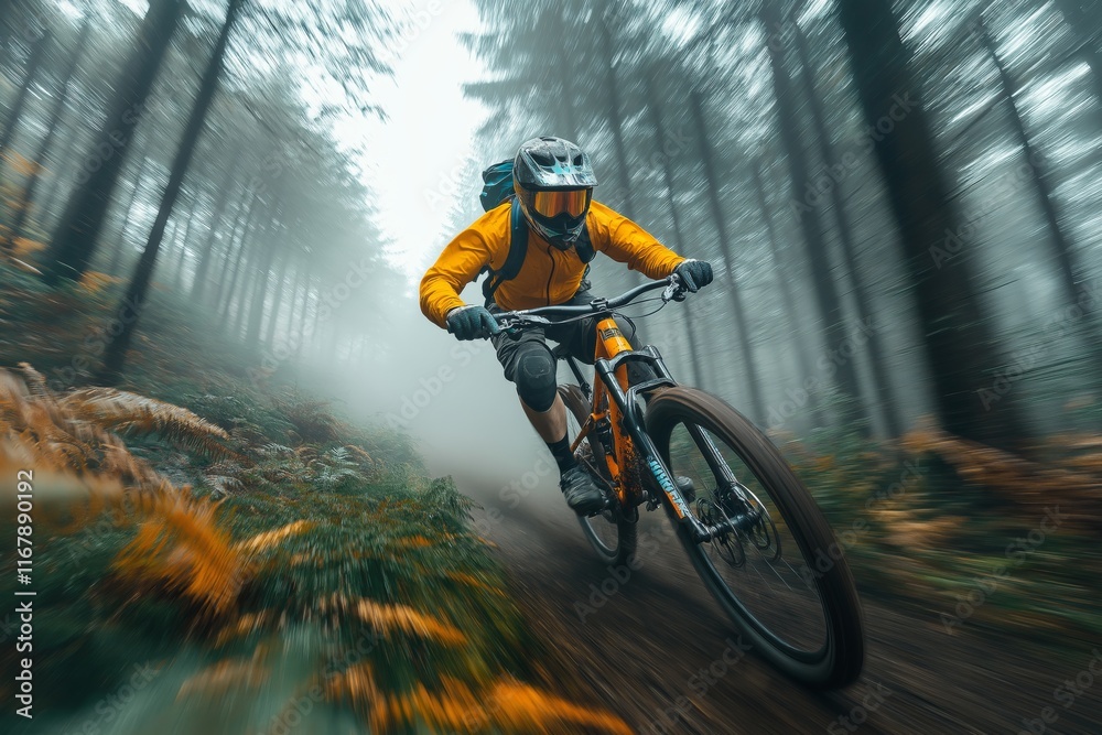 Fototapeta premium Mountain biker navigating a foggy forest trail during a vibrant autumn day