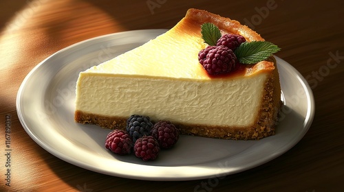 Cheesecake slice, berries, wooden table, sunlight, dessert photo