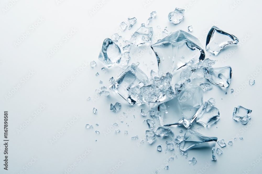 Broken ice cubes scattered on white background illustrating fragility of nature and impact of climate change, environment protection concept Broken ice cubes scattered on white background illustrating fragility of nature and impact of climate change, environment protection concept