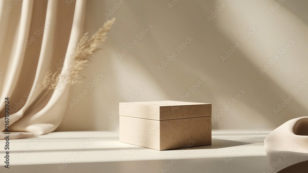 A minimalistic box mockup focusing on design elements, styled with neutral colors and placed in a spacious environment 