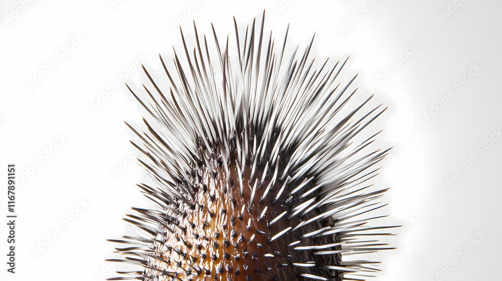 Naklejka premium Close-up of a single, sharp, and prickly porcupine quill standing upright on a white background, showcasing its unique texture and defensive mechanism. Quillwork. Illustration
