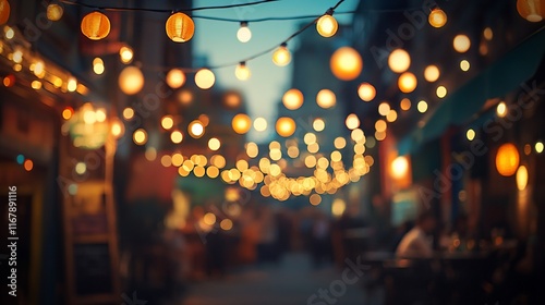 Night market lights  city street  people dining  festive ambiance  background blur