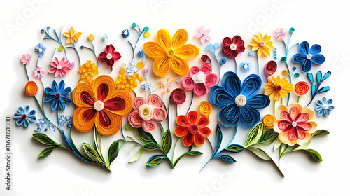 Colorful paper quilled flowers on a white background. creative art design with floral shapes. perfect for craft and diy projects. Quillwork. Illustration