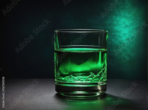 A sleek absinthe glass filled with the iconic green liquid, resting on a dark, polished black surface. photo