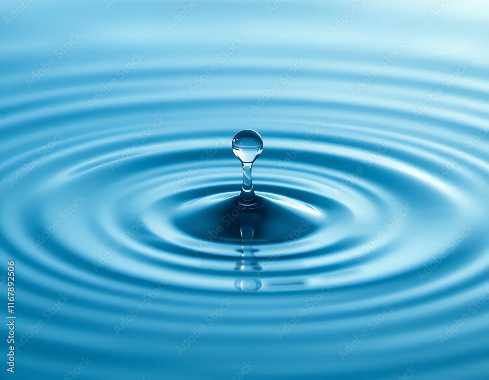 A single water droplet impacts a still surface of water, creating concentric ripples that radiate outward. A single water droplet impacts a still surface of water, creating concentric ripples that radiate outward.