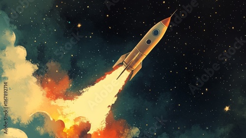 Retro rocket launching into a starry night sky, fiery trail blazing.