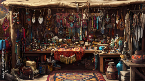 A traditional native american powwow vendor booth filled with handmade crafts, jewelry, and textiles, showcasing the diversity and beauty of indigenous artistry. Quillwork. Illustration