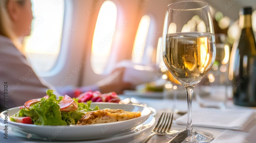 Gastronomic Delight: Close-up Shot of Passengers Savoring In-Flight Dining Experience at 30,000 Feet Gastronomic Delight: Close-up Shot of Passengers Savoring In-Flight Dining Experience at 30,000 Feet
