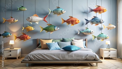 Fish decorations adorning a bedroom setting , underwater, sea life, aquatic, bedroom decor, interior design, ocean photo