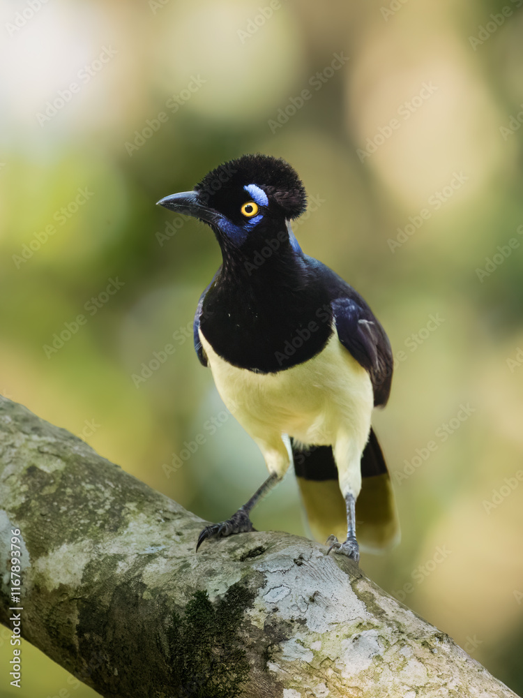 Obraz premium Plush-crested Jay on tree branch, portrait