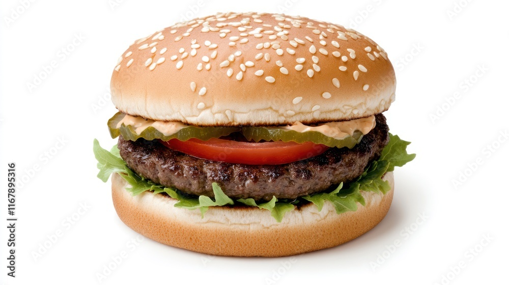 A sesame seed bun burger with lettuce, tomato, pickles, and sauce. A sesame seed bun burger with lettuce, tomato, pickles, and sauce.