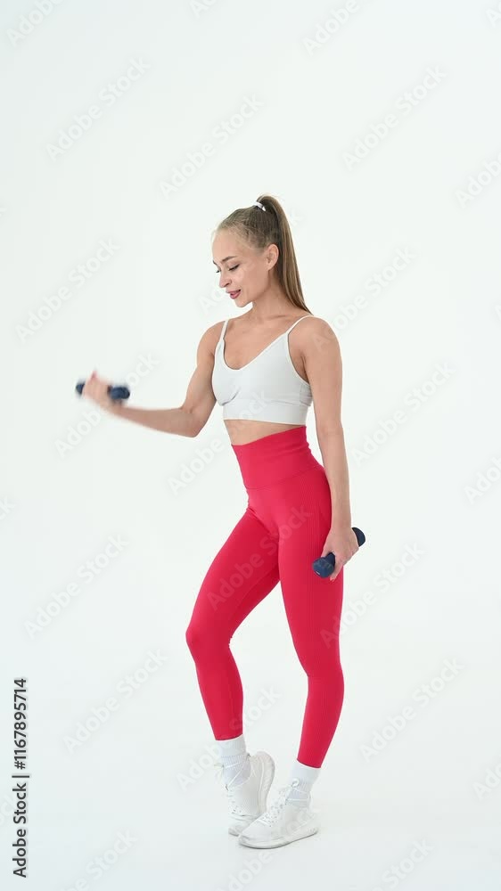 Young woman doing exercise with dumbbells on white background. Young woman doing exercise with dumbbells on white background.