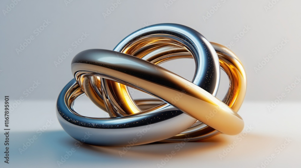 Fototapeta premium Abstract metallic sculpture with intertwined gold and silver rings.
