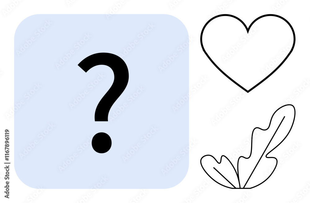 A black question mark inside a blue square, adjacent to line art of a heart and a leaf. Ideal for themes of curiosity, love, nature, uncertainty, questioning, abstract thinking, modern design A black question mark inside a blue square, adjacent to line art of a heart and a leaf. Ideal for themes of curiosity, love, nature, uncertainty, questioning, abstract thinking, modern design