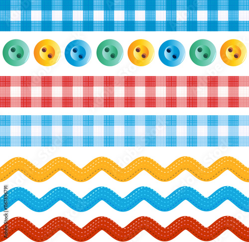 Seamless borders. Gingham ribbons with fabric texture. Ric racs, sewing buttons Design elements. Red, blue, yellow, turquoise.
 photo