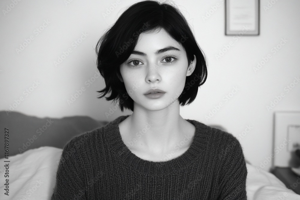 Woman, bob haircut, bedroom, portrait, calm Woman, bob haircut, bedroom, portrait, calm