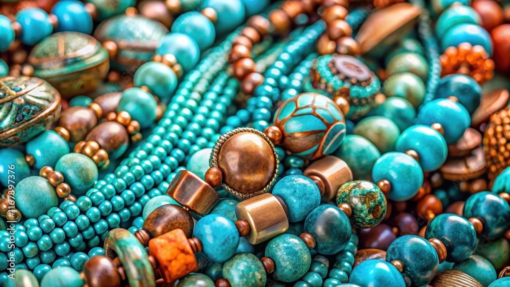 Vibrant turquoise and copper beaded jewelry collection close-up, turquoise, copper, beads, jewelry, collection, vibrant Vibrant turquoise and copper beaded jewelry collection close-up, turquoise, copper, beads, jewelry, collection, vibrant