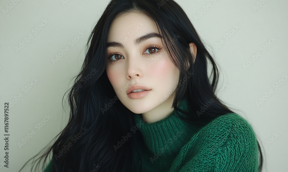 Woman, green sweater, studio portrait, neutral background, beauty Woman, green sweater, studio portrait, neutral background, beauty