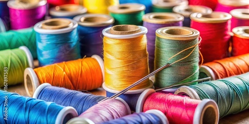 Close-up of colored spools of thread and sewing needles , sewing, close-up, colorful, spools, thread, needles photo