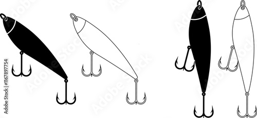 outline silhouette fishing lure icon set