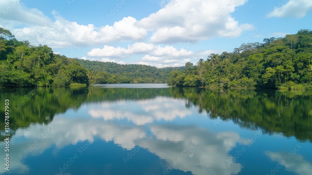 Serene Lake in Evergreen Forest: Tranquil Water Reflecting Clear Blue Sky with Fluffy Clouds - Peaceful Nature Landscape Photography Serene Lake in Evergreen Forest: Tranquil Water Reflecting Clear Blue Sky with Fluffy Clouds - Peaceful Nature Landscape Photography